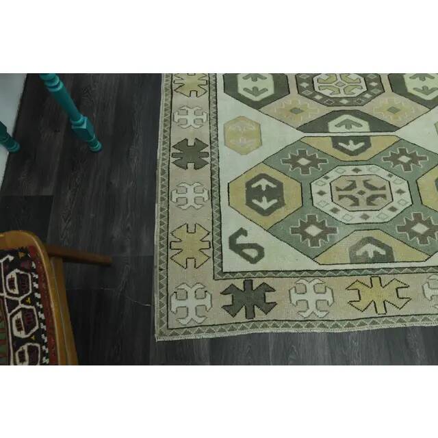 1970s vintage Turkish Oushak handmade wool cotton green area rug 164x207