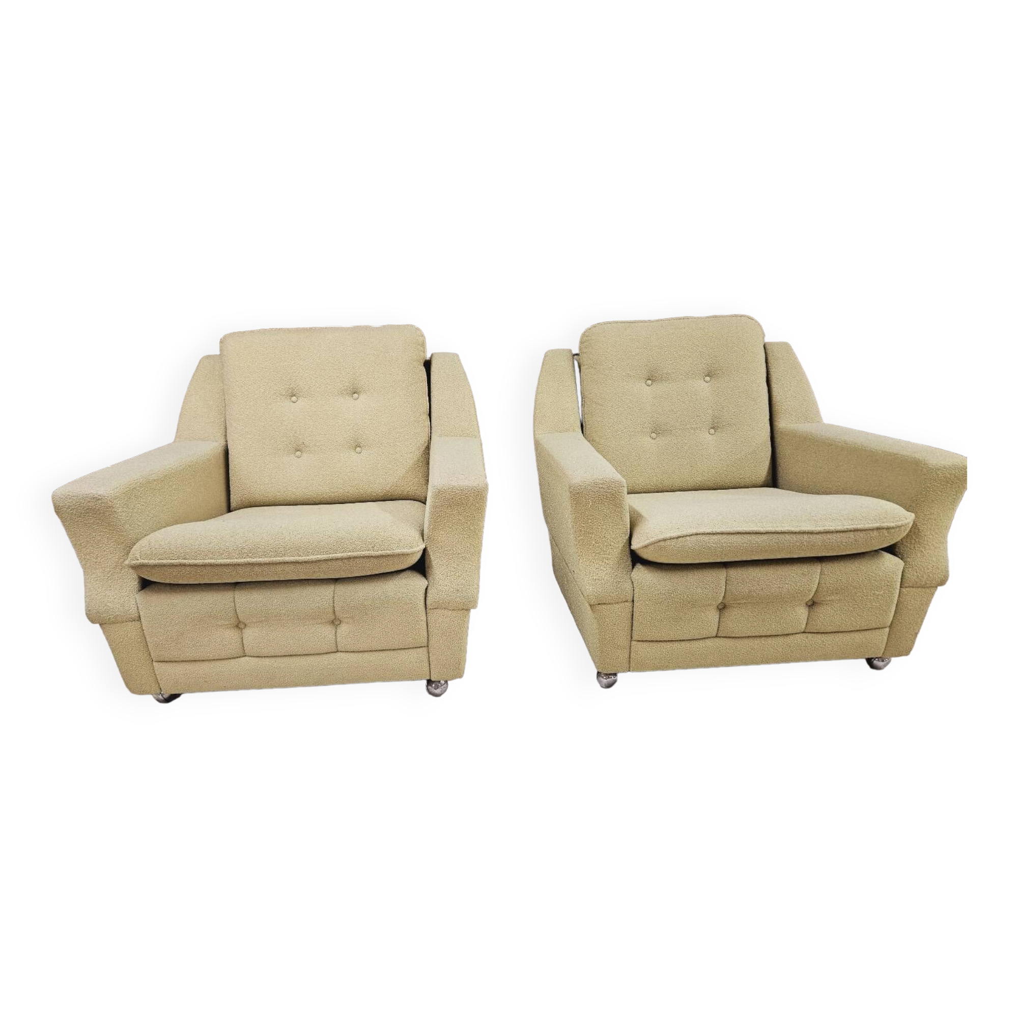 Pair of vintage 70's green fabric armchairs