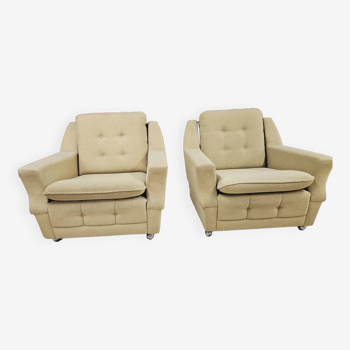 Pair of vintage 70's green fabric armchairs