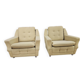 Pair of vintage 70's green fabric armchairs