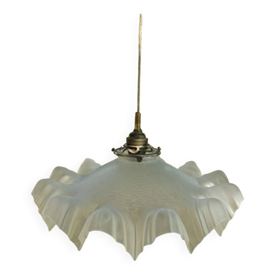 Ancienne Suspension abat jour dentelle verre plissé transparent griffe