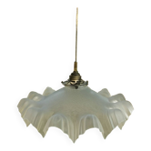 Ancienne Suspension abat jour dentelle verre plissé transparent griffe