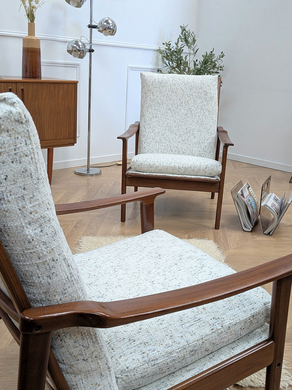 2 reupholstered Scandinavian armchairs