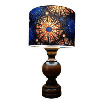 Lampe à poser bois massif tourné, abat-jour bleu nuit