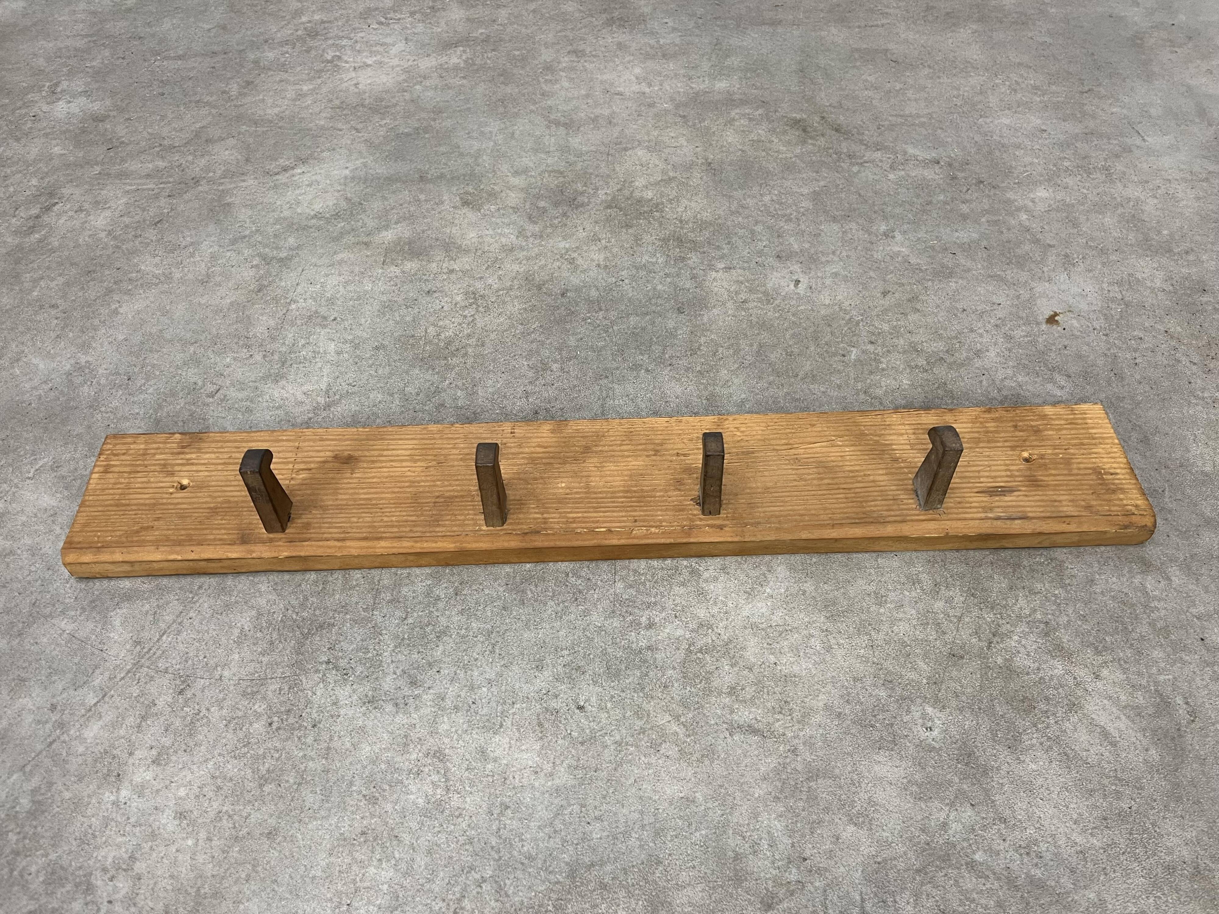 Brutalist pine chalet style wall coat rack, 4 hooks