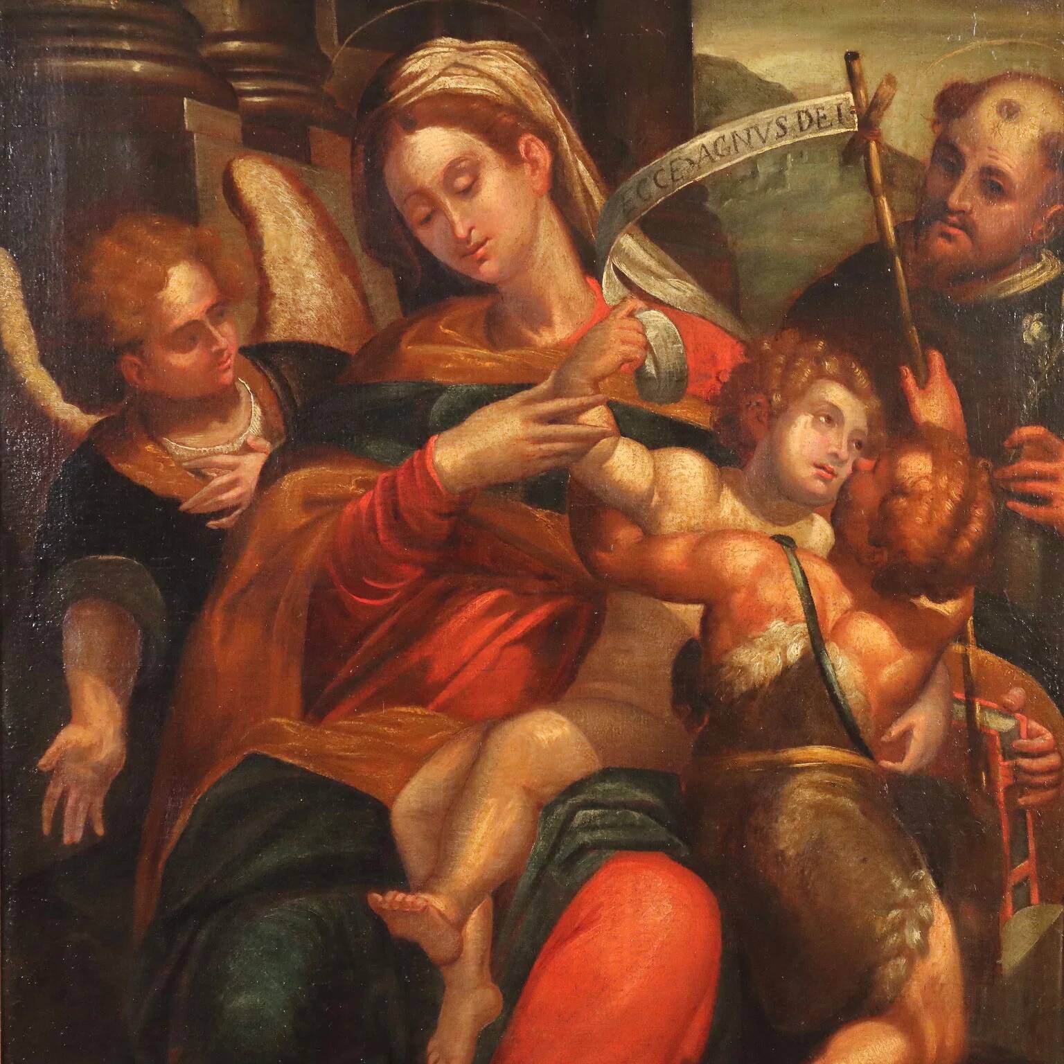 Ancient painting of the Virgin and Child on canvas from the 17th century.