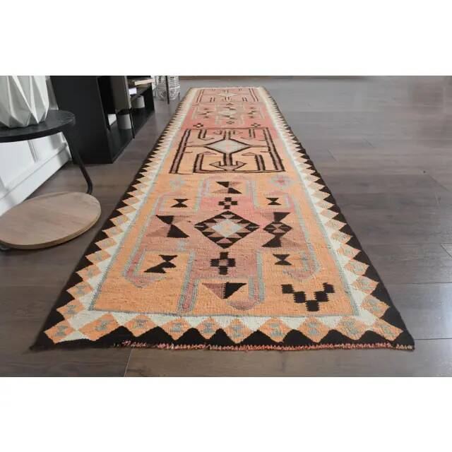 1970s Turkish Oushak Handmade Wool Cotton Orange Runner Rug 90x361
