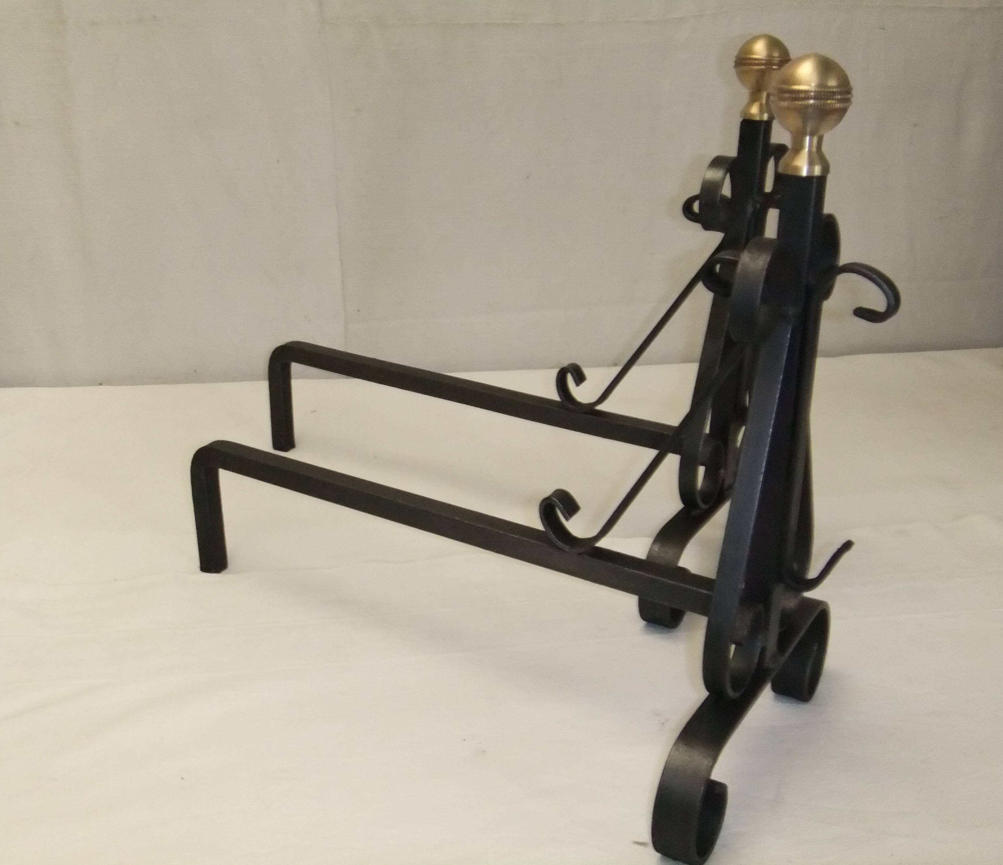 Antique pair of cast iron andirons wrought iron and bronze fireplace accessory