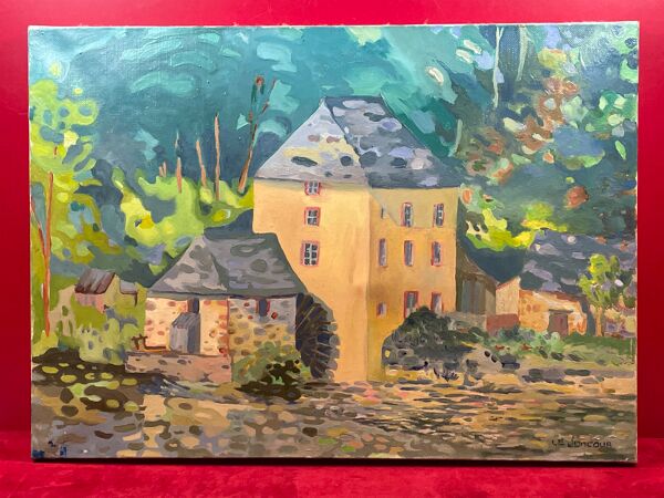 Huile sur toile, moulin sur la mayenne, Le Joncour (XXe siècle)
