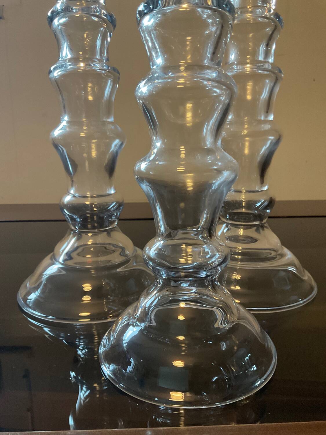 Trio of designer blown glass candle holders