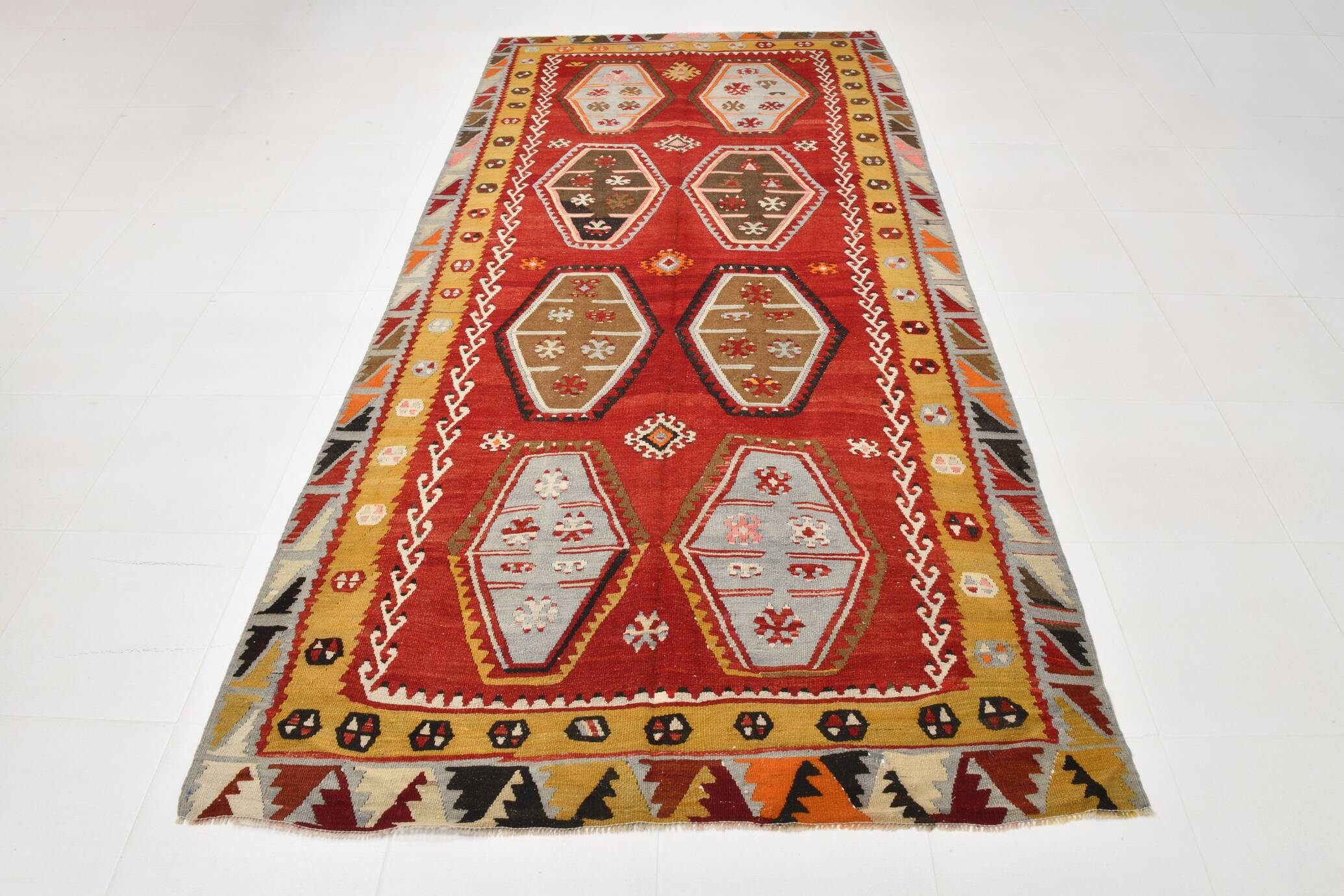 Grand Kilim Designer Vintage, Tapis Anatolien Rouge Fait Main, 149x308 Cm