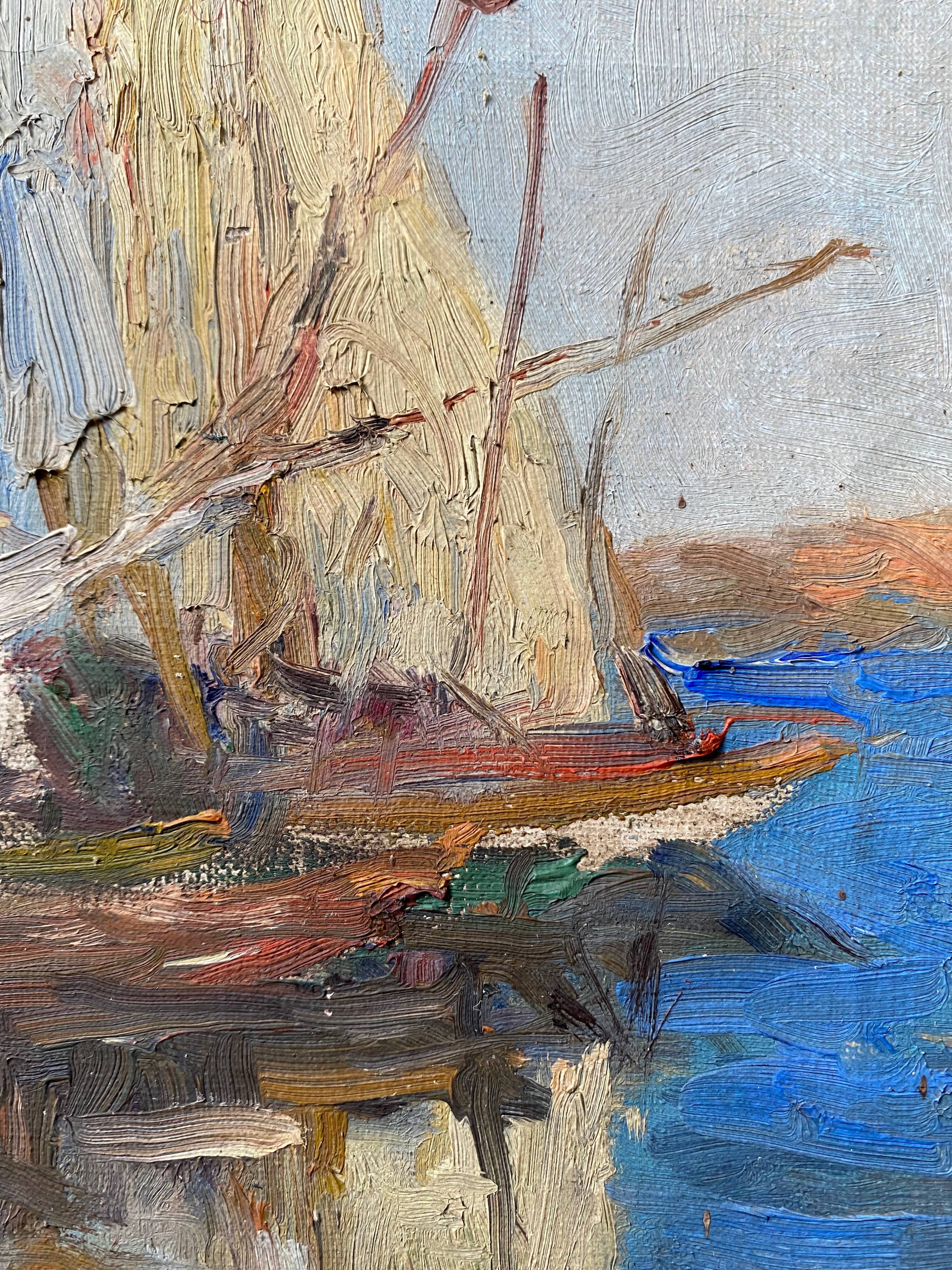 Table "Landscape of boats" Italy HST signed Alfred Tardieu (XIX-XX)