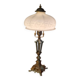 lampe ancienne patine bronze acier  et opaline blanche art deco 43x22