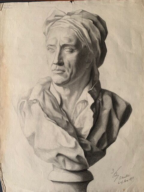 Pencil drawing, bust, signed, nineteenth
