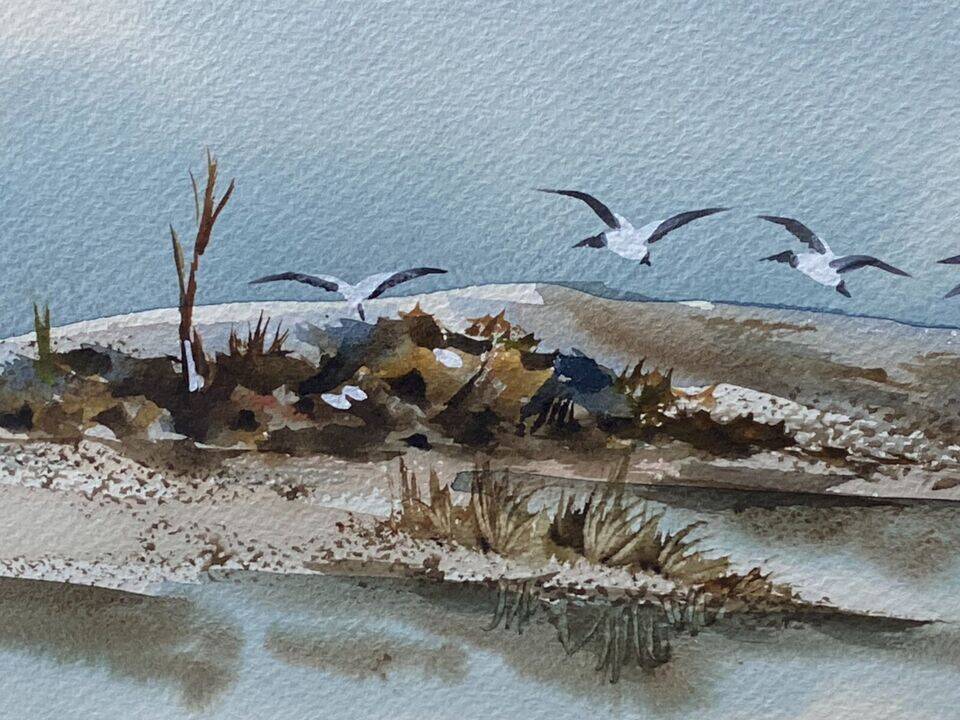 Tableau aquarelle signée au paysage de bord de mer aux mouettes