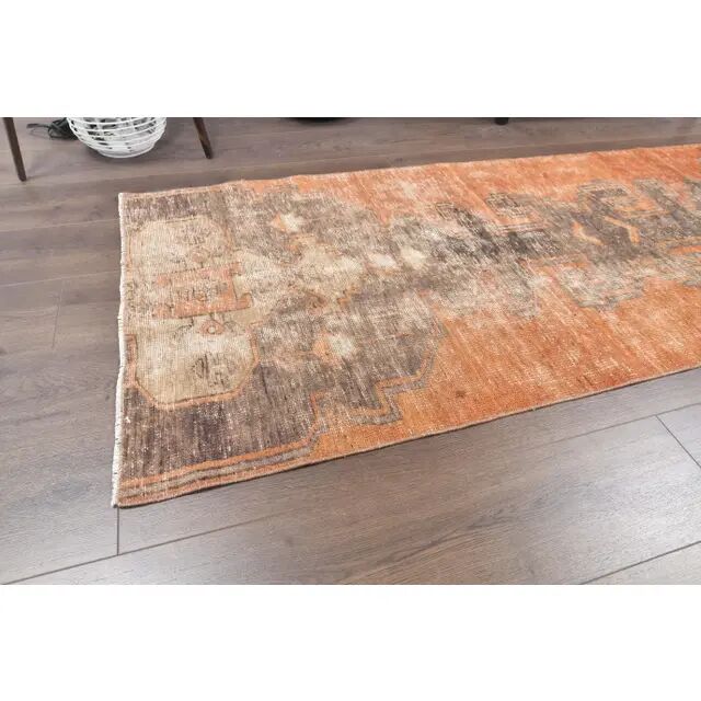1960s Turkish Wool Hand-Knotted Runner Orange Rug 80x313