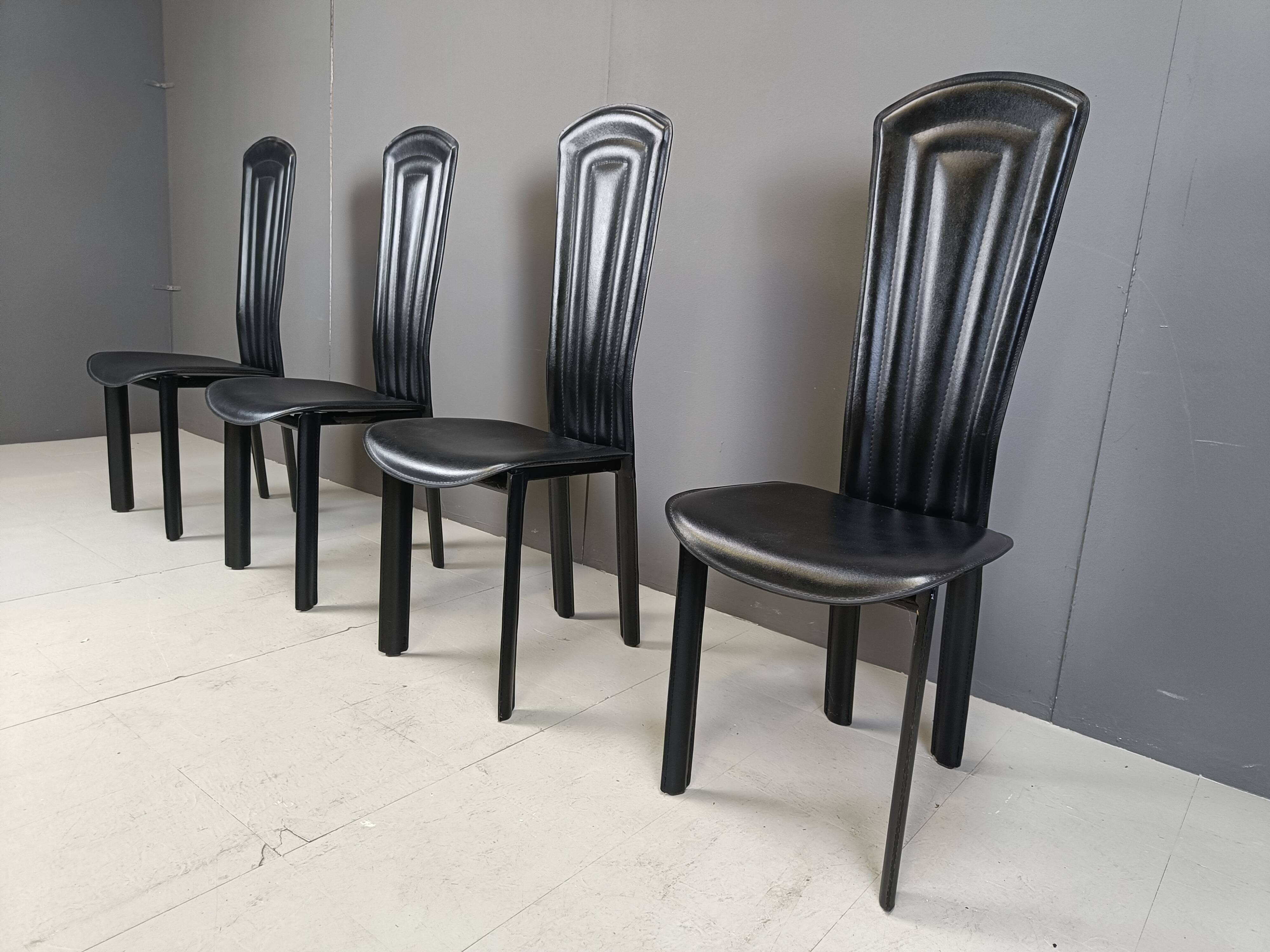 Vintage black leather dining chairs, set of 4, 1980s