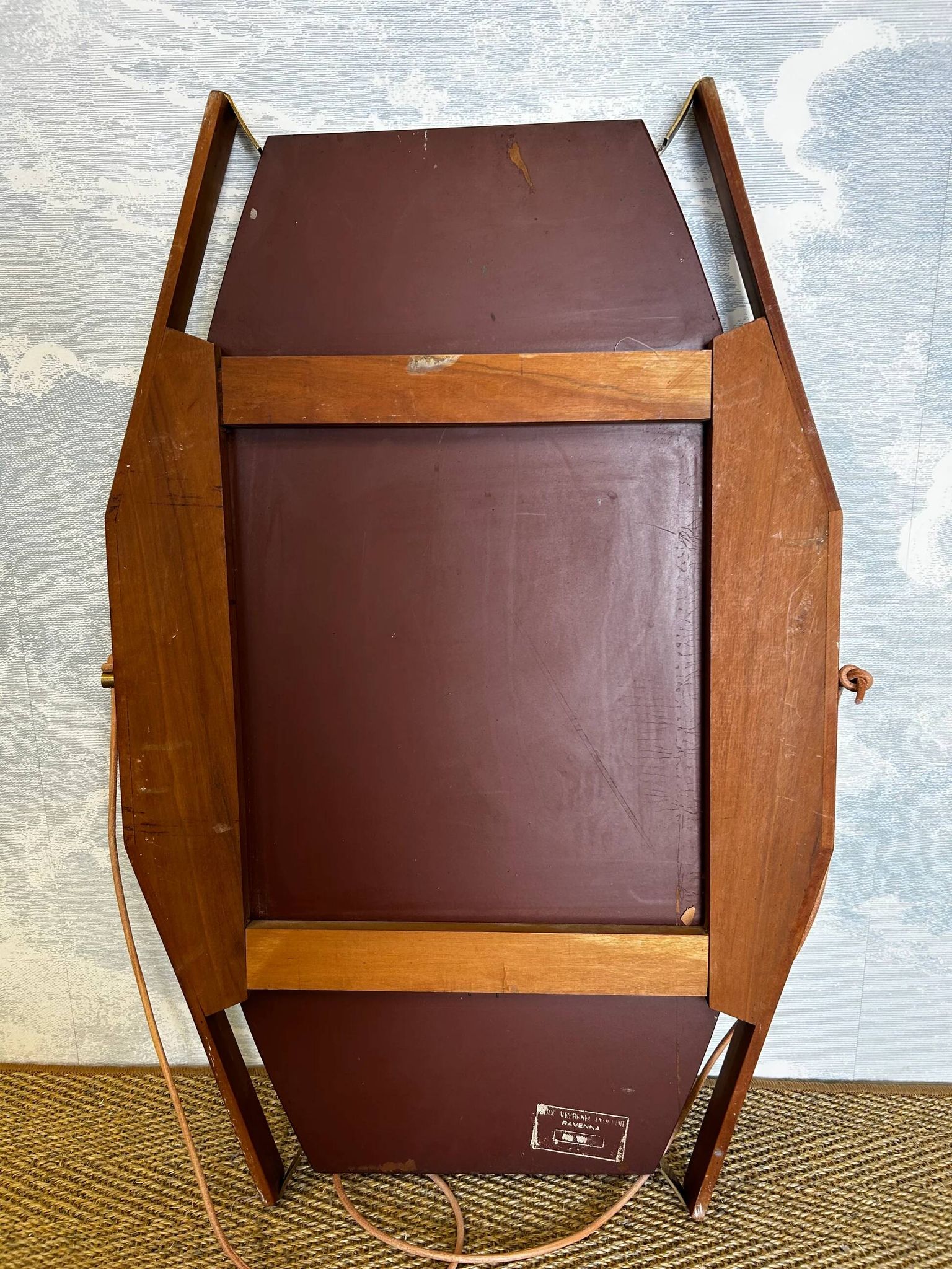 Wall mirror with brass detail and leather mounting, Vetreria Andreini, Ravenna, Italy, 1950s