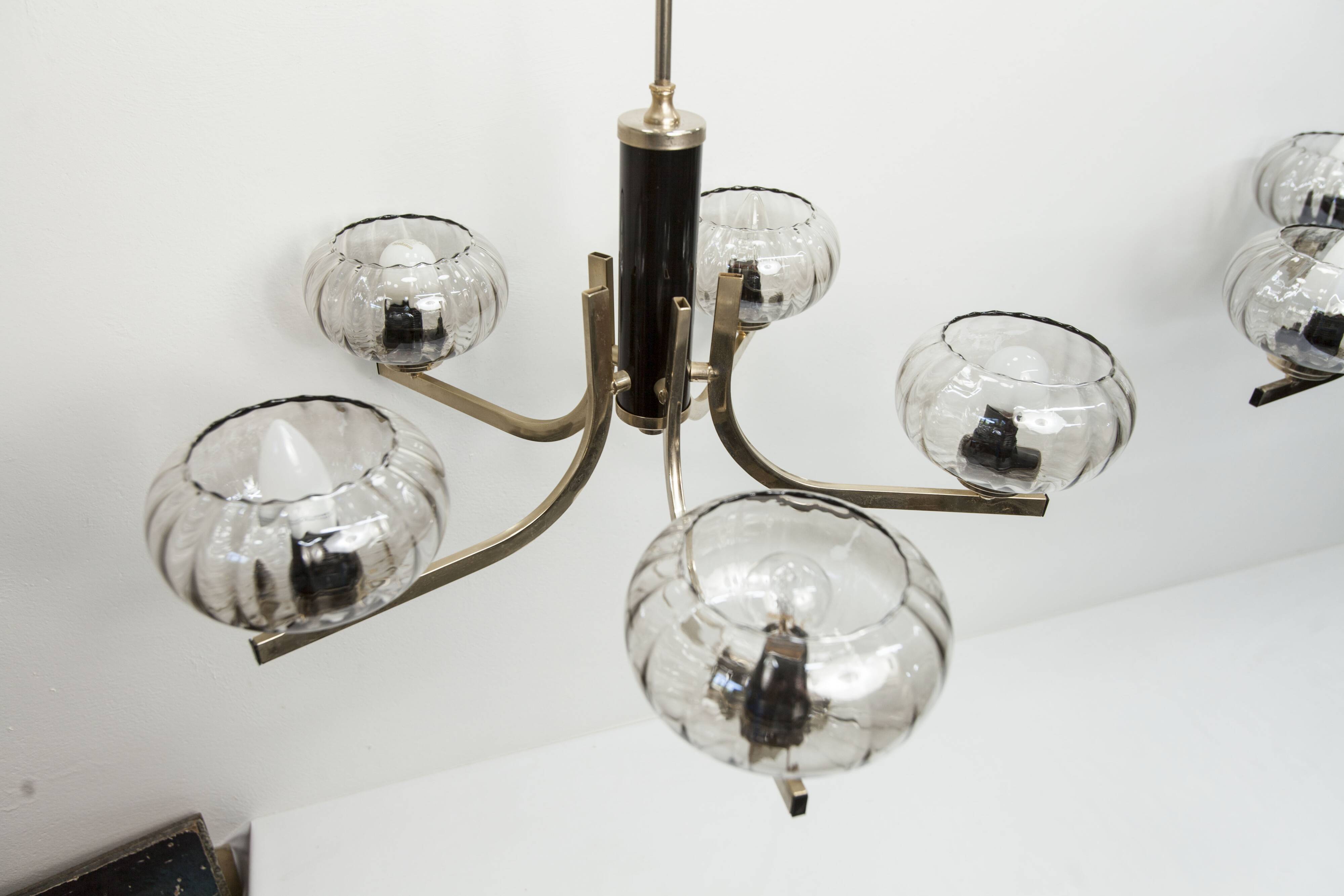 See Delmas chandelier, 5 branches, black and gold, transparent glass, 1960