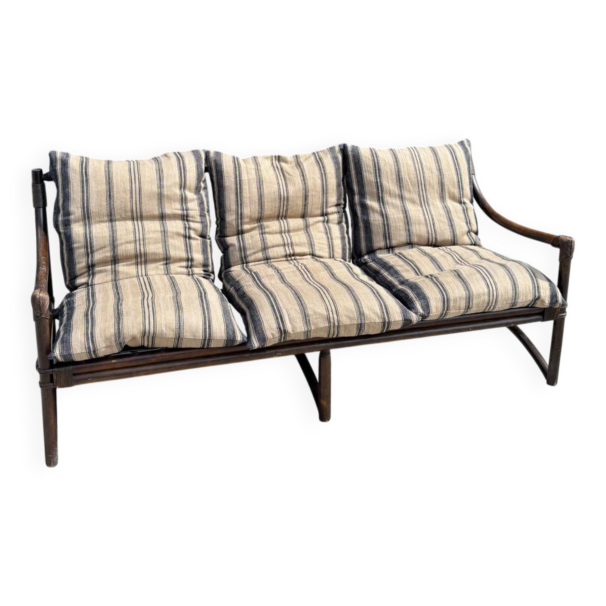 Vintage 3 seater bamboo sofa – bohemian / safari style with cushion