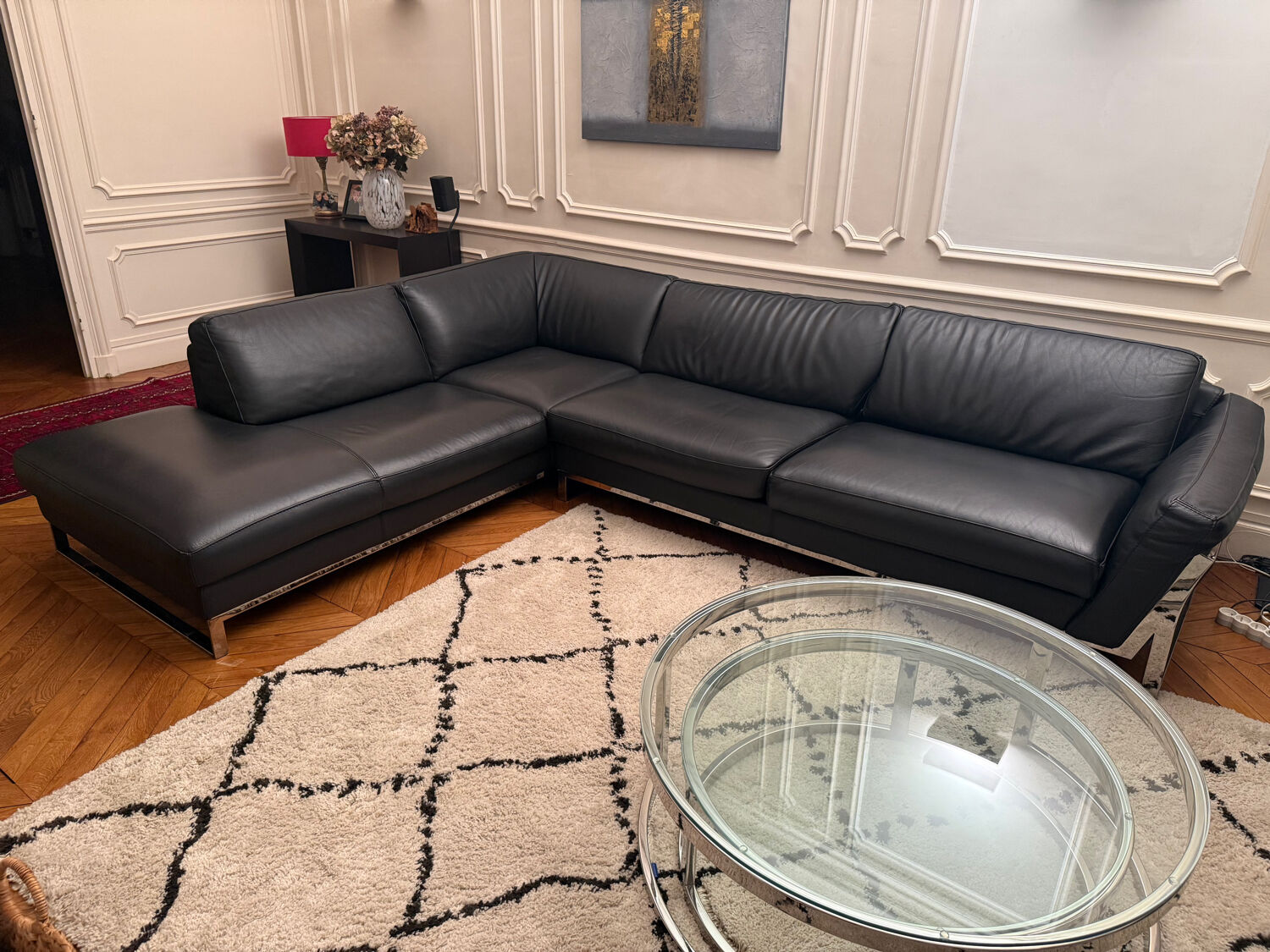 Canapé, cuir noir, Roche Bobois avec méridienne, canapé d’angle