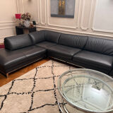 Canapé, cuir noir, Roche Bobois avec méridienne, canapé d’angle