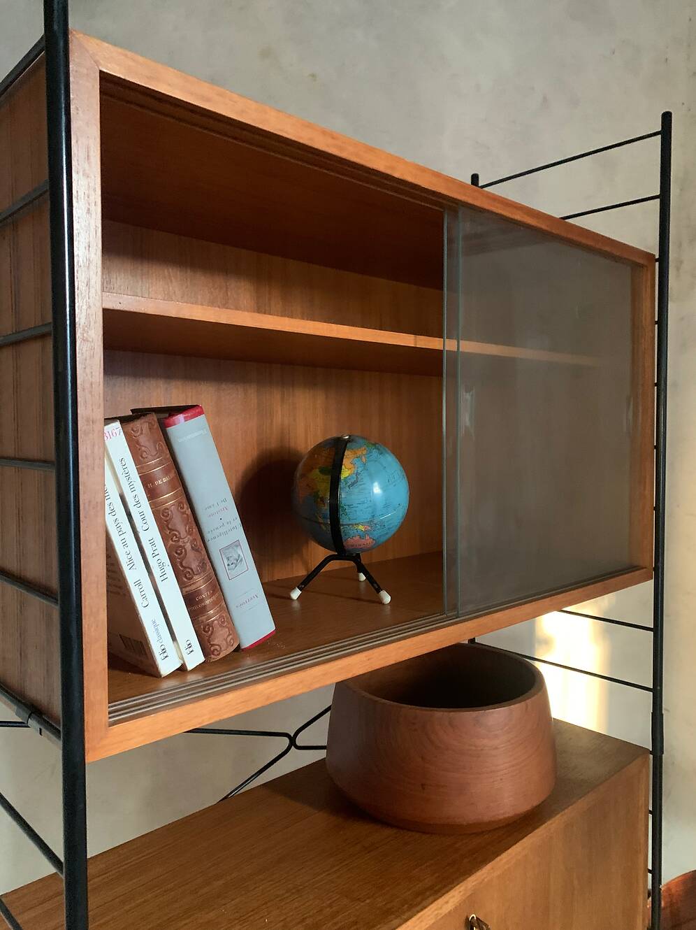 Vintage Scandinavian wire-framed metal and teak secretary bookcase set