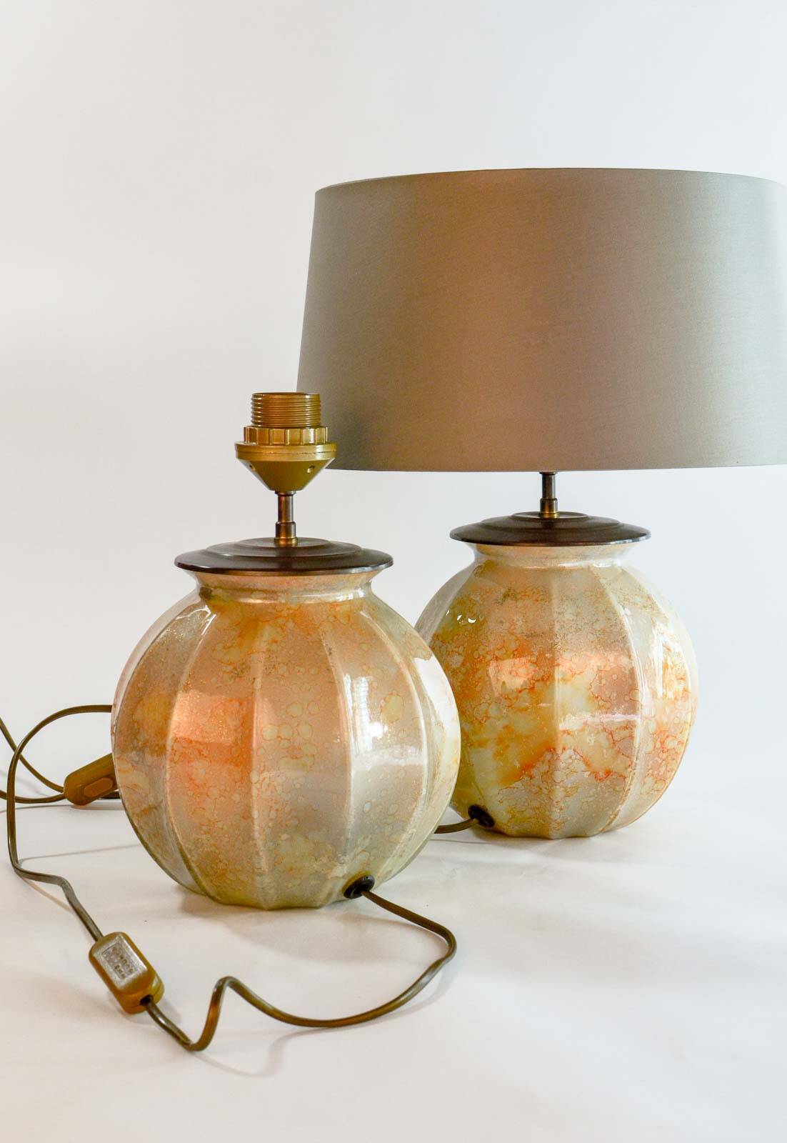 Stunning Pair of French Handmade Glass Laque Line Table Lamps, 1970s