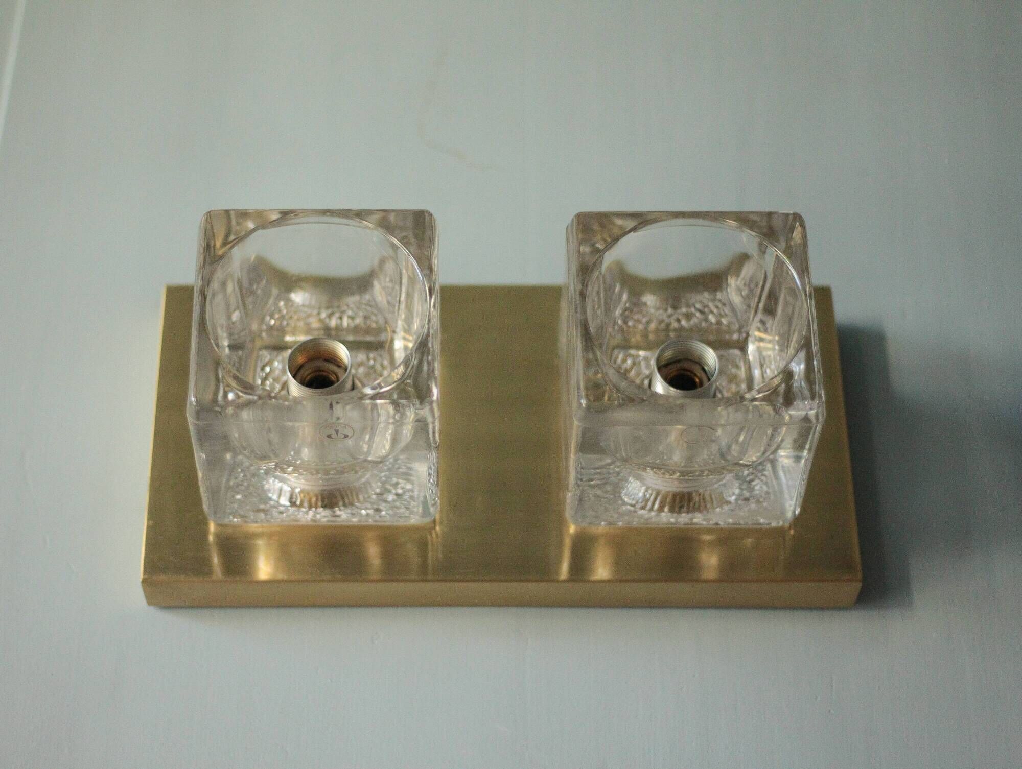 Peill & Putzler wall light, vintage, brass and thick glass wall sconce.
