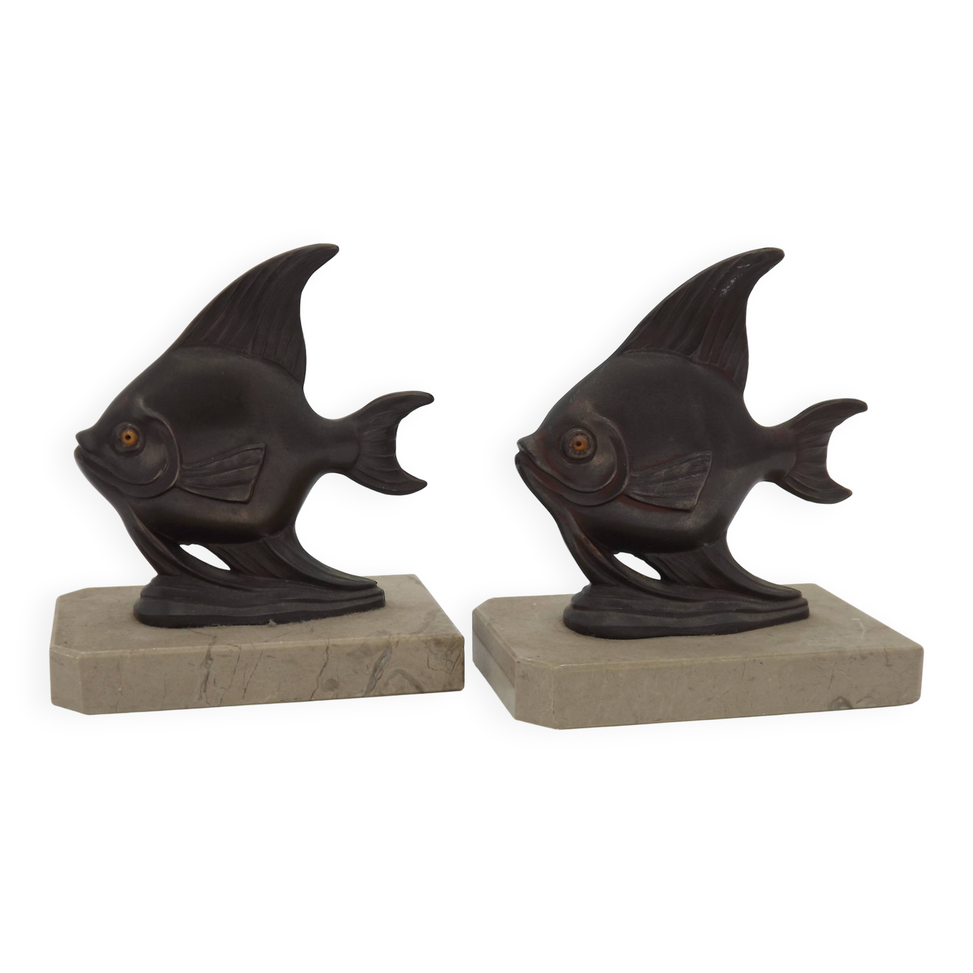 Vintage French Art Deco Fish Book Ends - Marble and Spelter Bookends