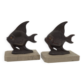 Porte-livres vintage français Art Déco en forme de poisson - Porte-livres en marbre et en spelter