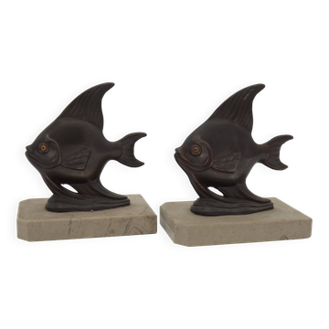 Vintage French Art Deco Fish Book Ends - Marble and Spelter Bookends