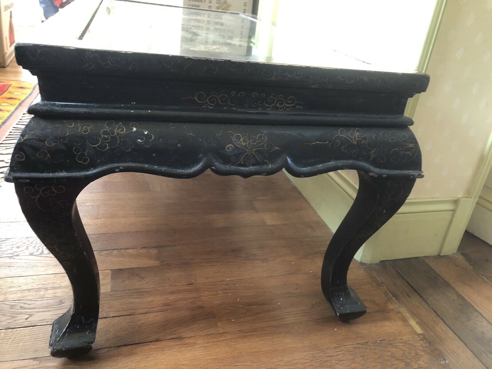 Ancient chinese black laced table with mother-of-pearl encrustation and stones