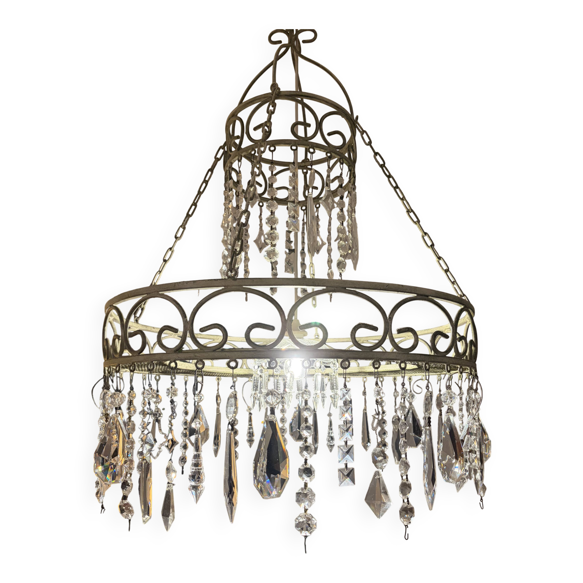Patinated iron chandelier with pendants, romantic / shabby chic style.
