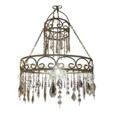 Patinated iron chandelier with pendants, romantic / shabby chic style.