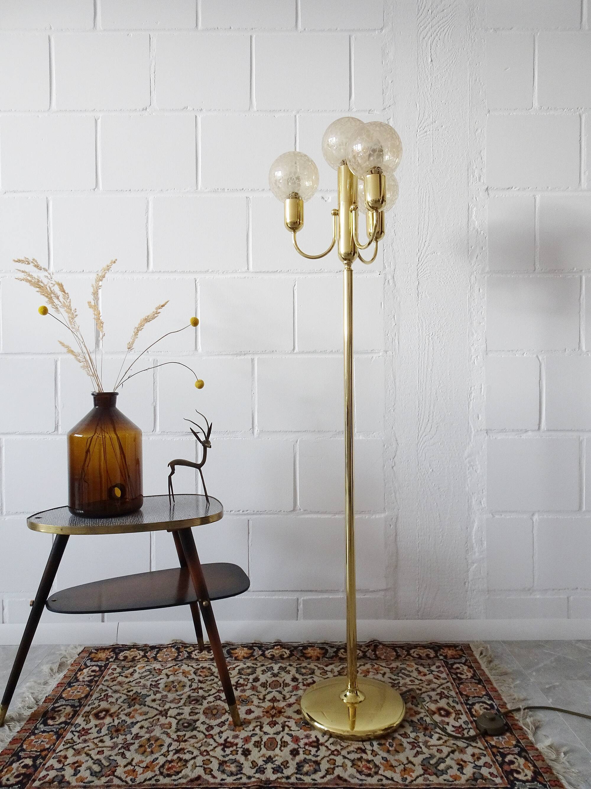 large golden floor lamp by Sölken Leuchten with four glass spheres, Mid Century floor lamp