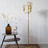 large golden floor lamp by Sölken Leuchten with four glass spheres, Mid Century floor lamp