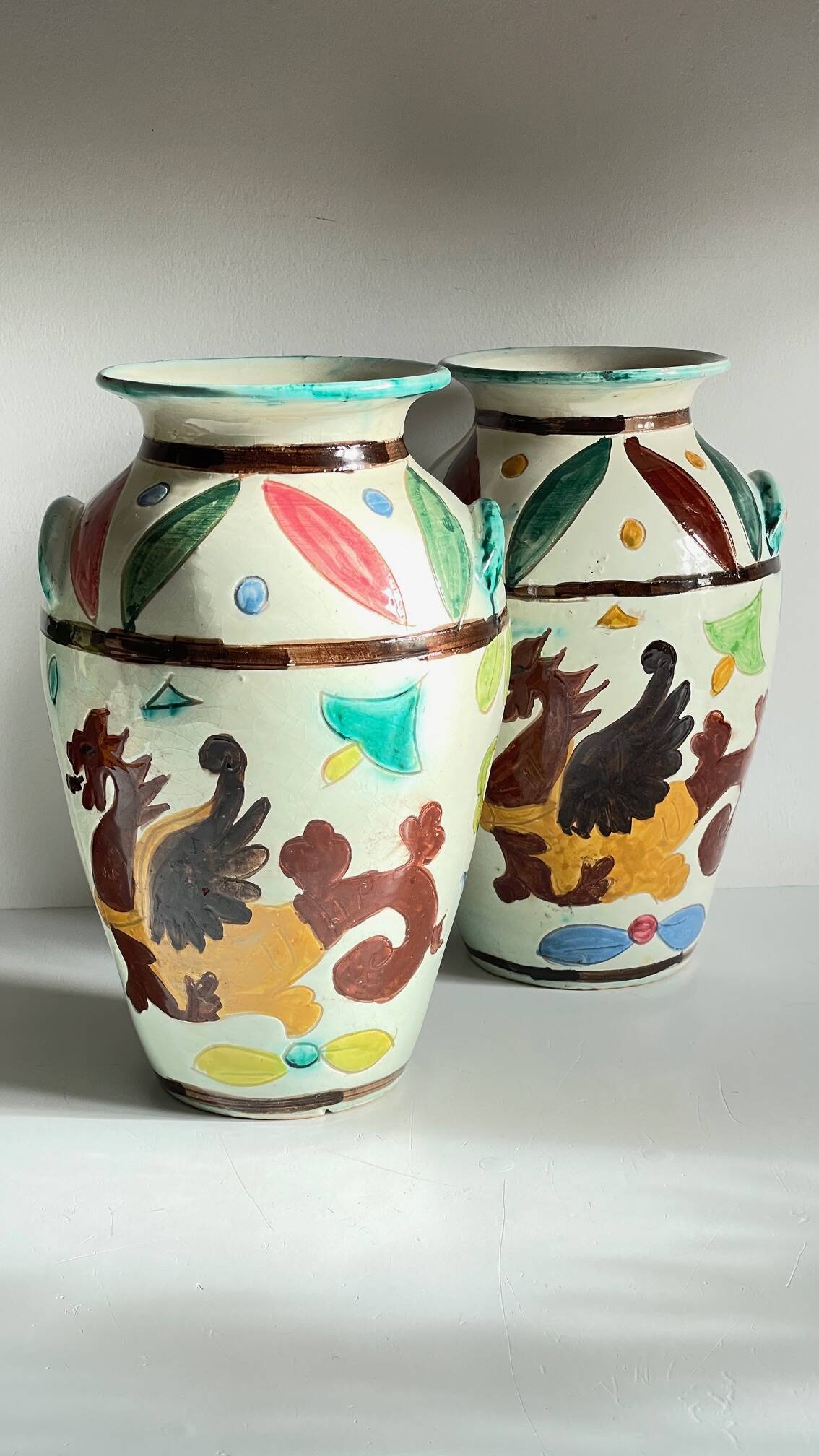 Italian Majolica Vases with Dragon Motif