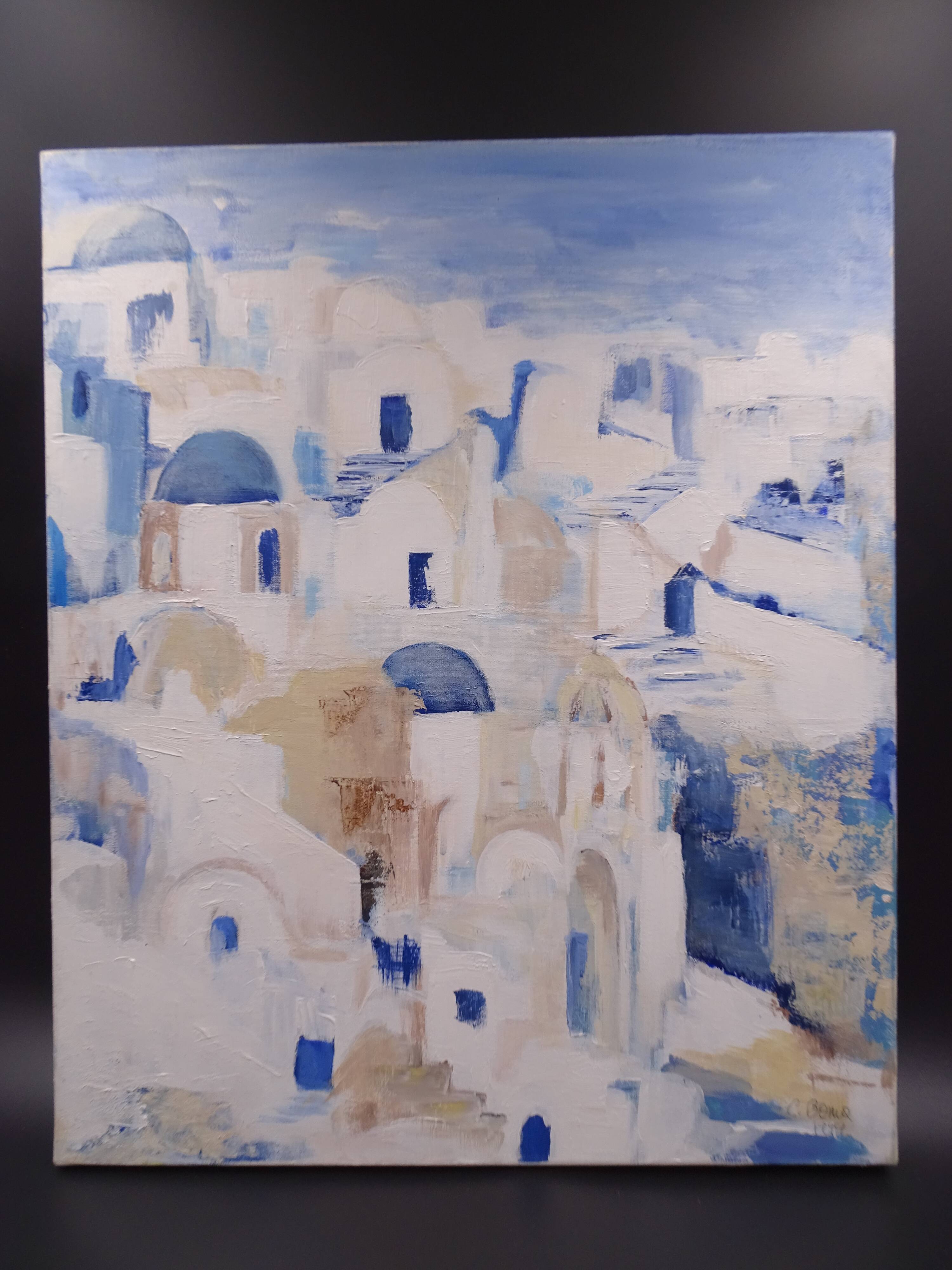 The Greek village - Pastel blue and ochre tones - Signed dated