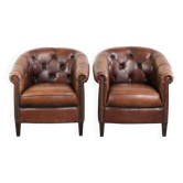 Characterful set of sheepskin club armchairs in English chesterfield style