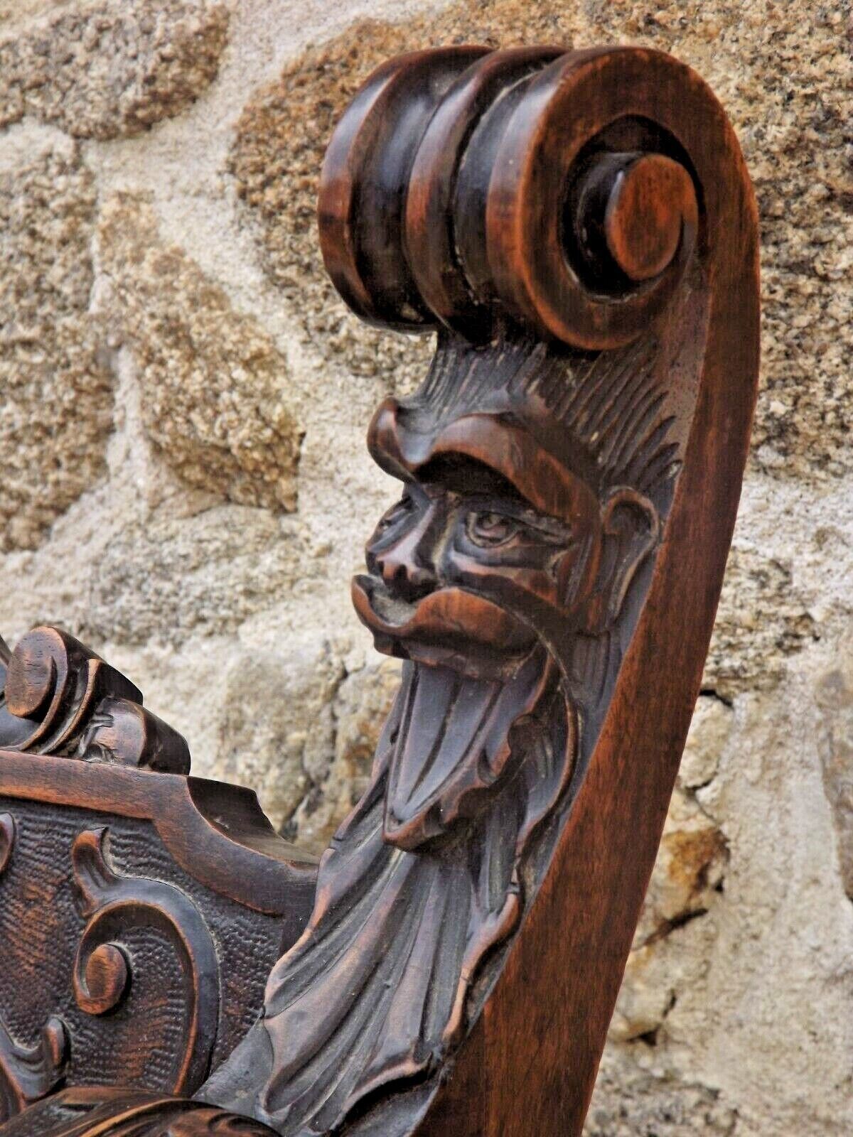 Dagobert armchair curule hard carved walnut demon head detail 3675