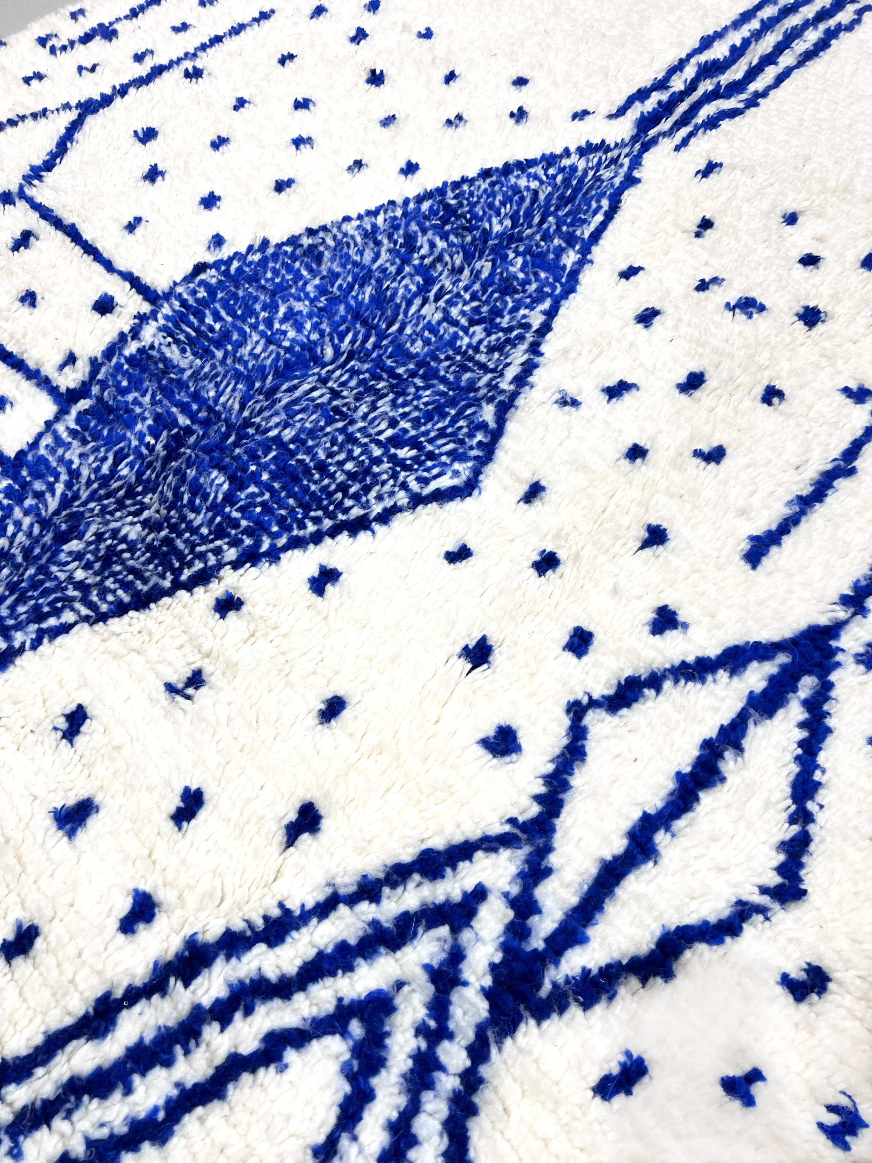 Azilal Moroccan Berber rug with Majorelle blue patterns, 2.42 x 1.50 m