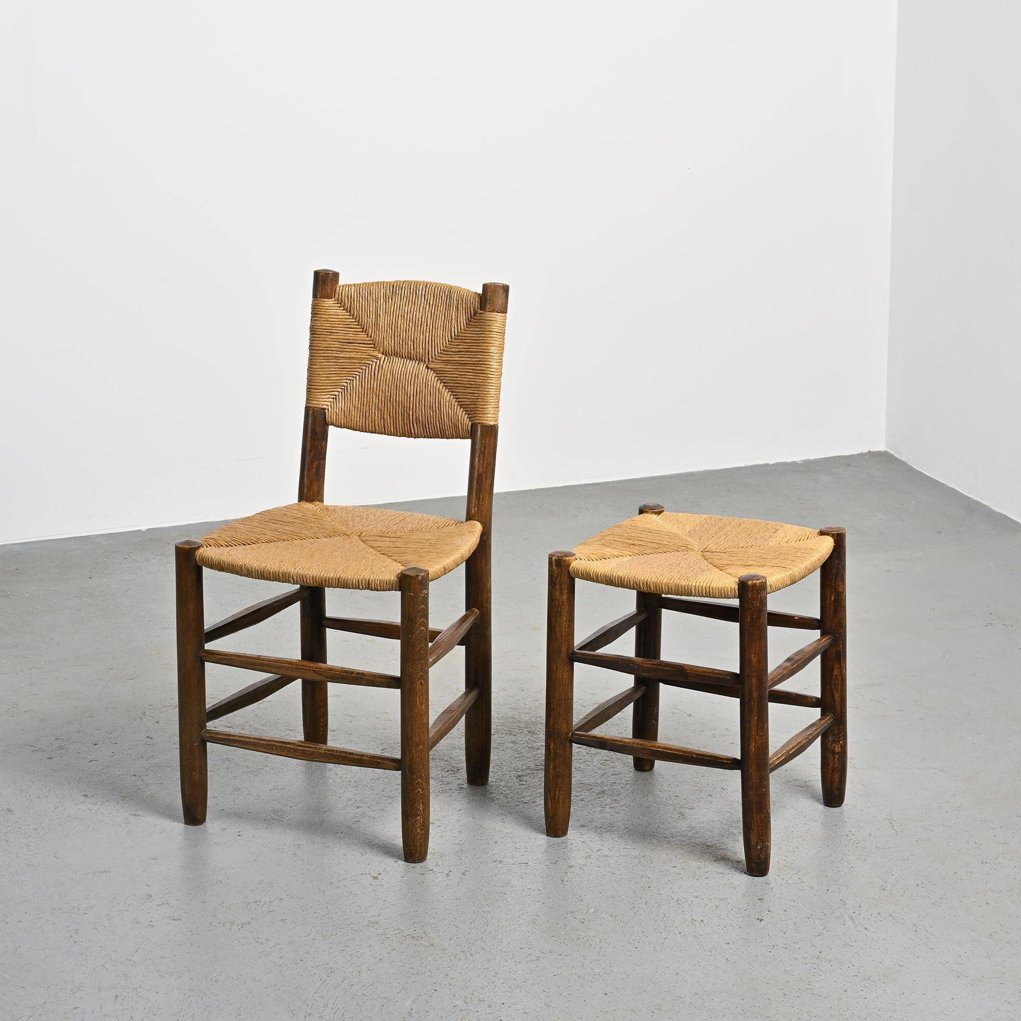 Ensemble chaise et tabouret Bauche, Charlotte Perriand pour Maison Sentou, circa 1950