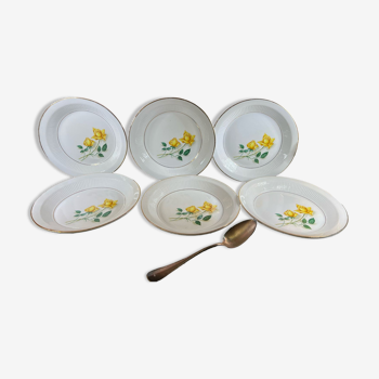 6 vintage hollow plates moulin des loups yellow flowers