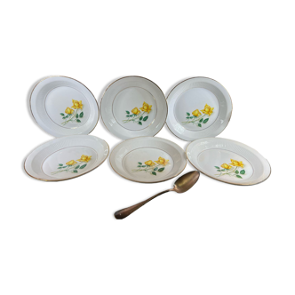 6 vintage hollow plates moulin des loups yellow flowers