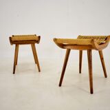 Pair of beech straw stools, 1960s, Czechoslovakia