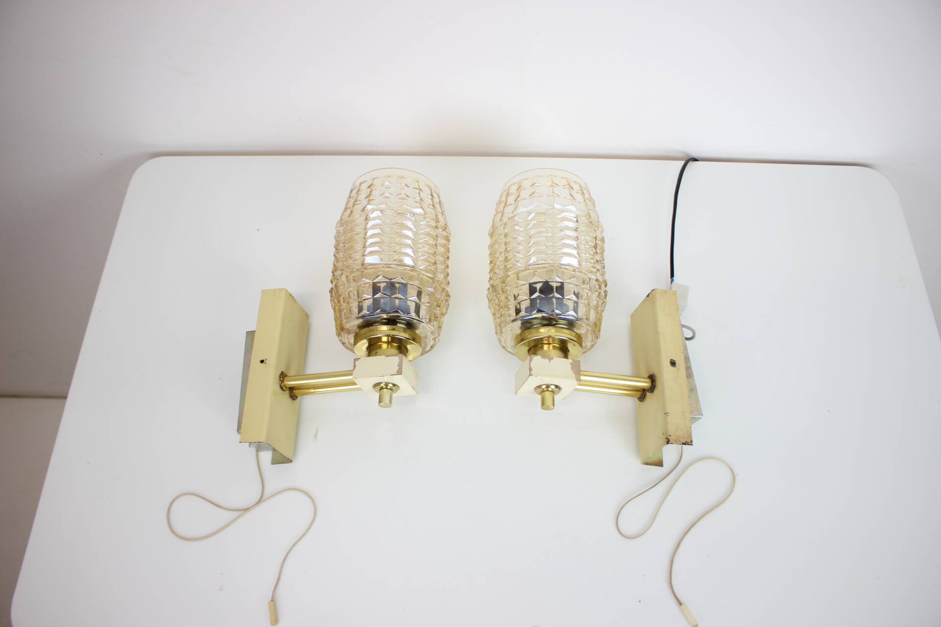 1970s Pair of Two Wall Lamps with Glass Shades, Czechoslovakia