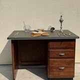 Modernist desk in wood and green moleskin upholstery