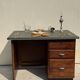 Modernist desk in wood and green moleskin upholstery