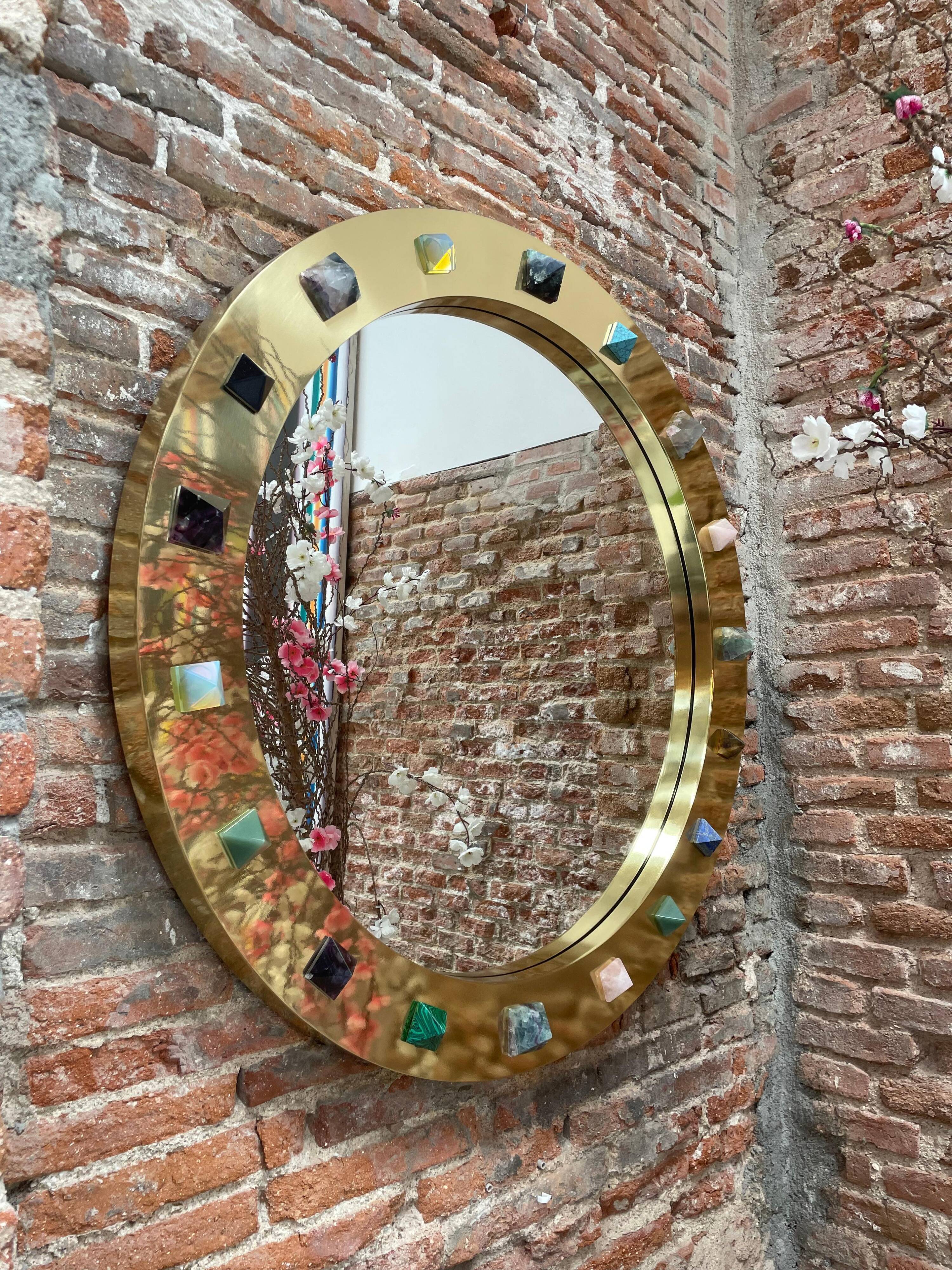 Modern Circular Mirror with Brass Frame and Semi-Precious Stone